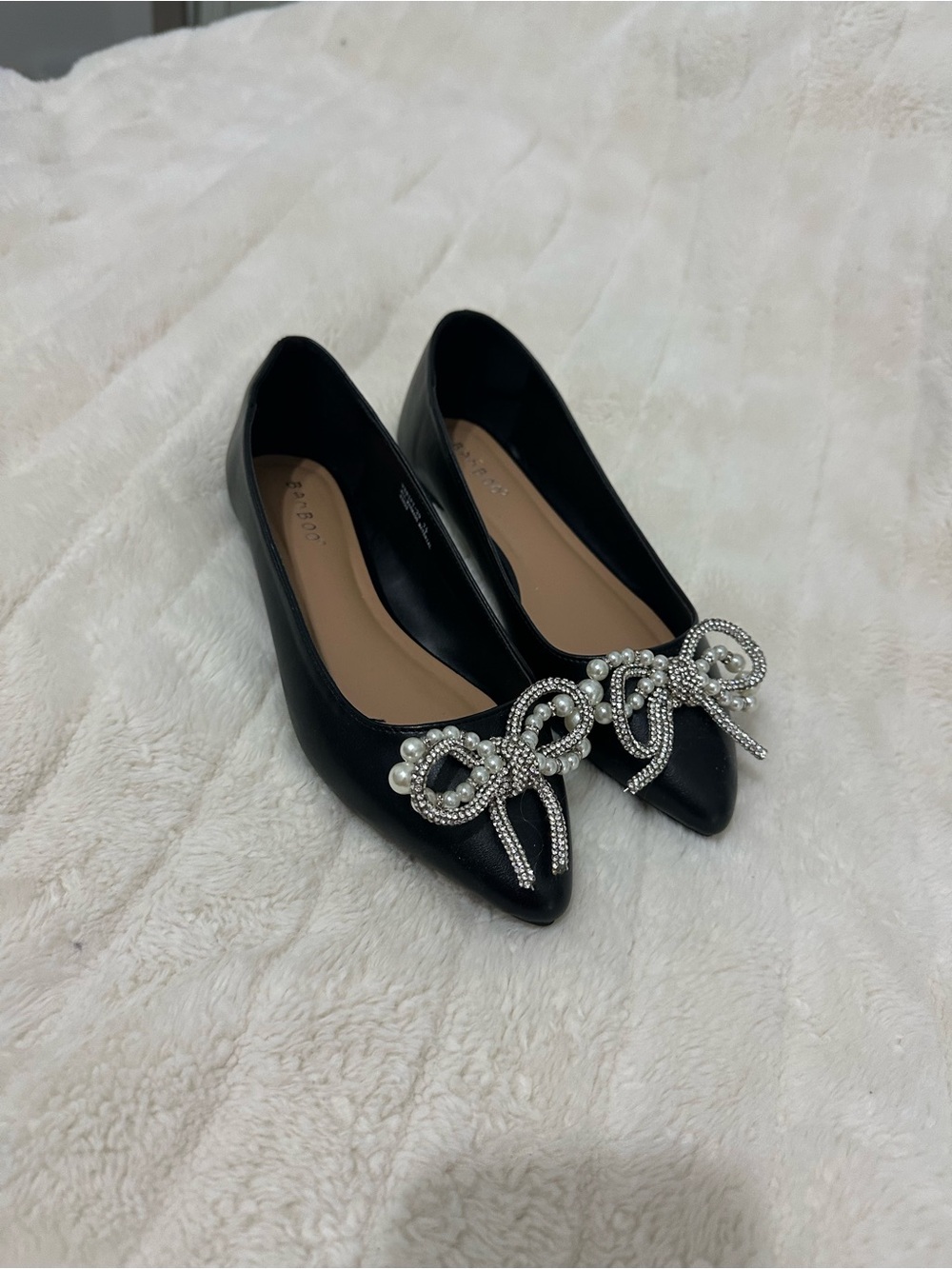 BAMBOO Black Pointed-Toe Flats with Pearl & Crystal Bow